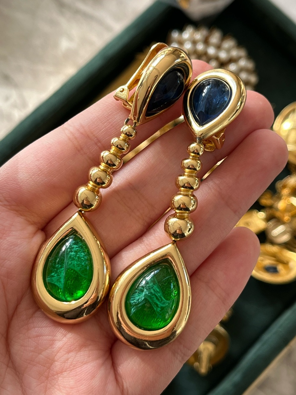 Authentic Vintage Dior Green Blue Swirly Glass Cabochon Long Drop Gold Earrings